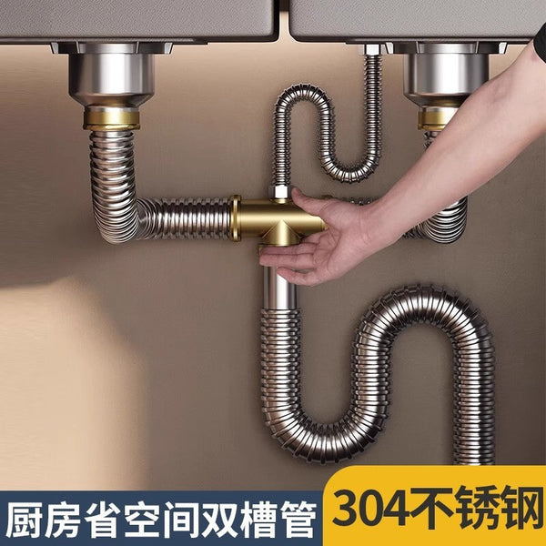 Factory direct sales, kitchen double slot vegetable basin sewer pipe, stainless steel dishwasher sewer set, deodorant drain pipe.