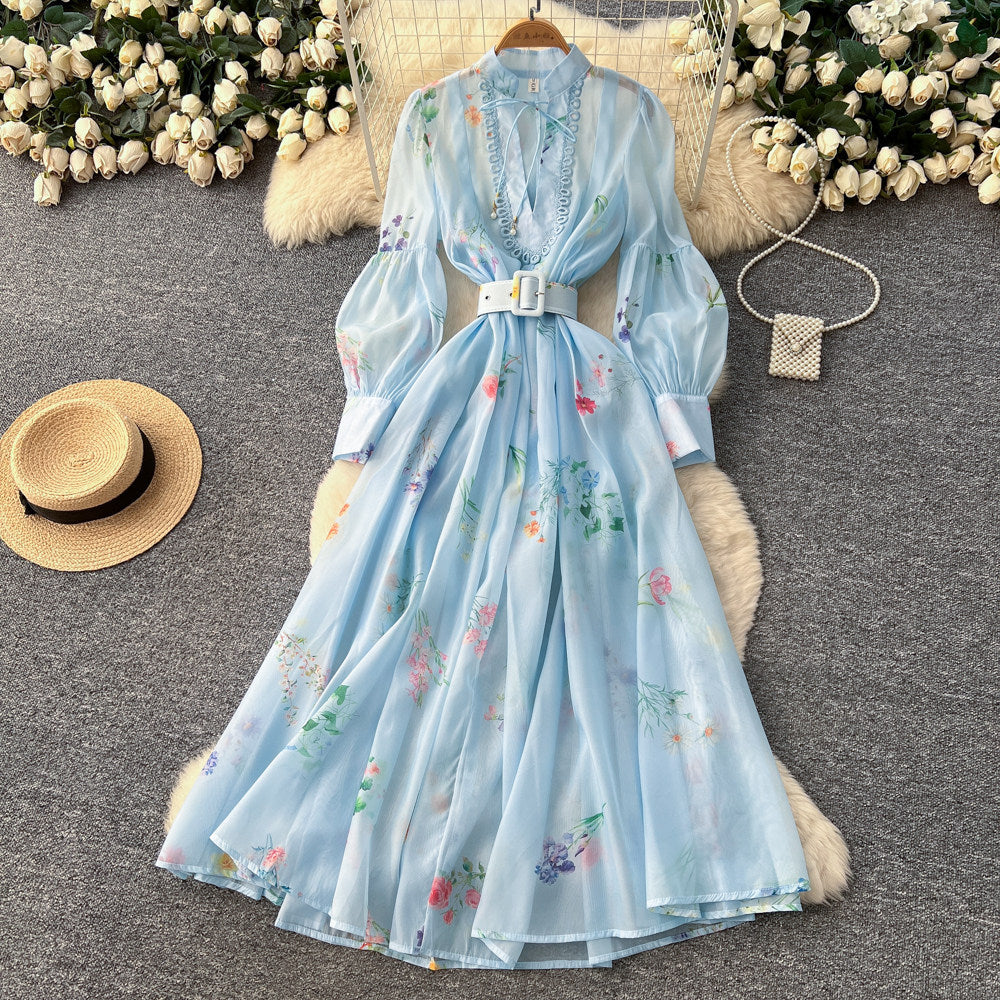 French romantic lantern sleeve floral dress - korean style cutout tie-waist a-line maxi dress - premium quality