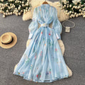 French romantic lantern sleeve floral dress - korean style cutout tie-waist a-line maxi dress - premium quality