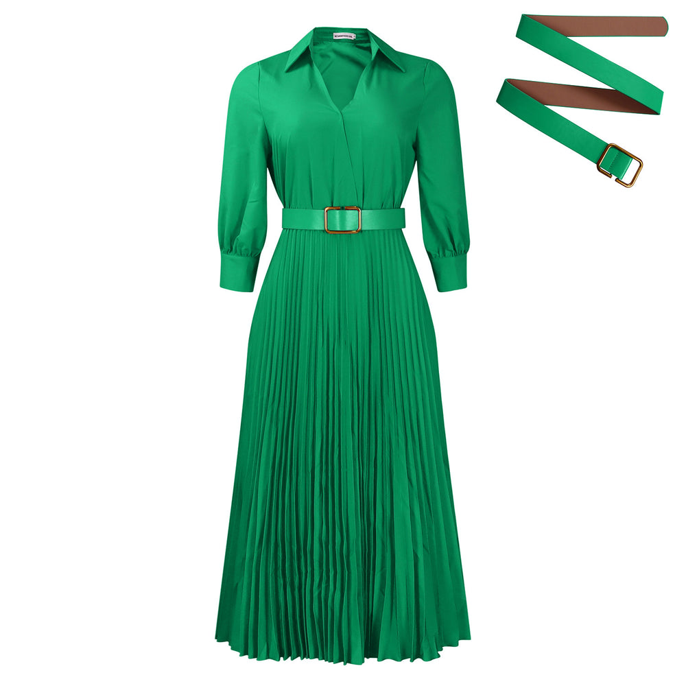 D3327  women's clothing  spring new fashion v-neck solid color long sleeve pleated maxi dress - export quality