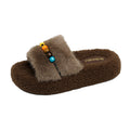 Ethnic style beaded platform fuzzy slippers - women's autumn/winter comfortable non-slip suede thong sandals - lightweight fluffy slippers
