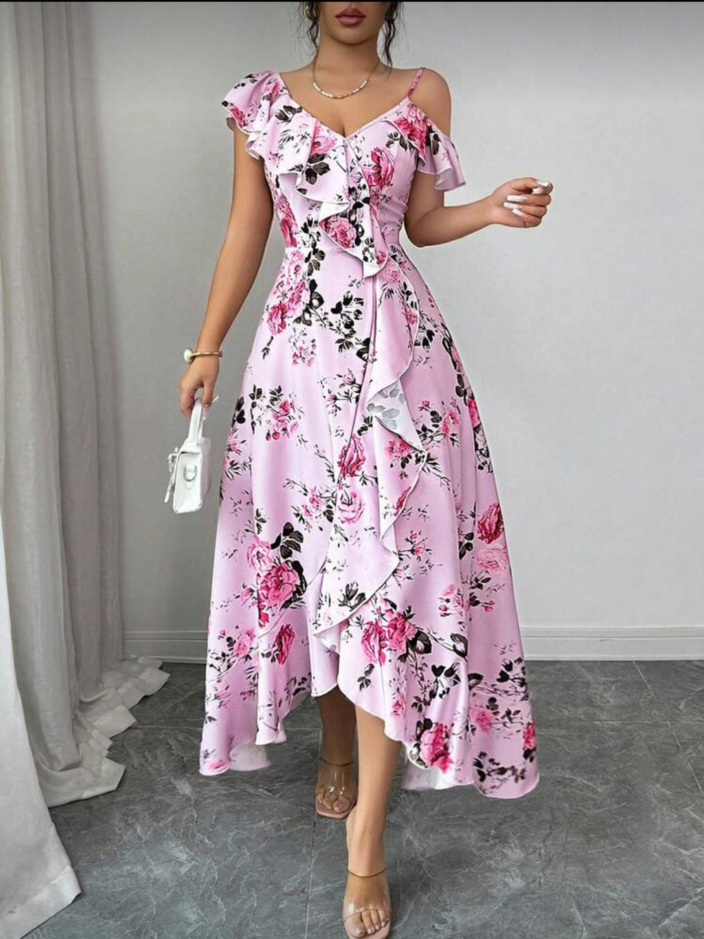 Women's new summer romantic retro beach vacation asymmetrical pink maxi dress with ruffle hem and off-shoulder neckline
