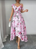 Women's new summer romantic retro beach vacation asymmetrical pink maxi dress with ruffle hem and off-shoulder neckline