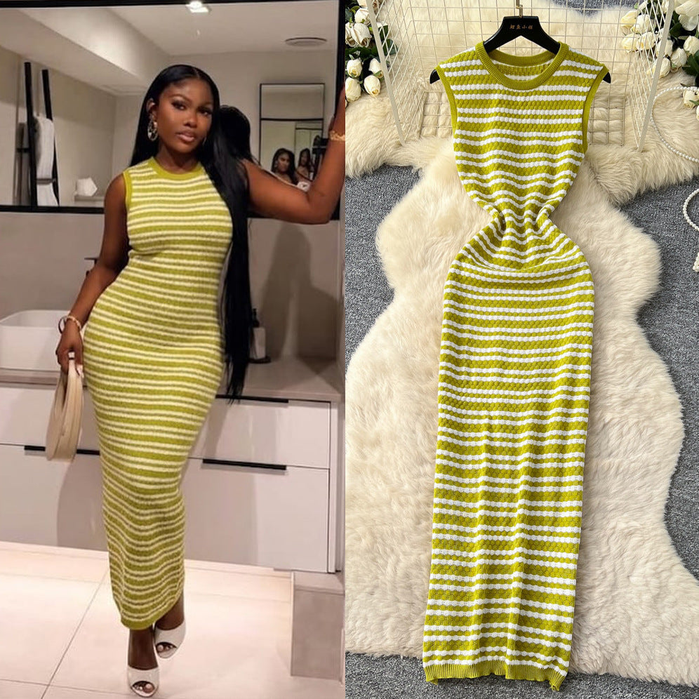 Korean style striped v-neck sleeveless knit dress - women's  summer new arrival - slim fit, waist-defining, slimming, commute-ready maxi dress
