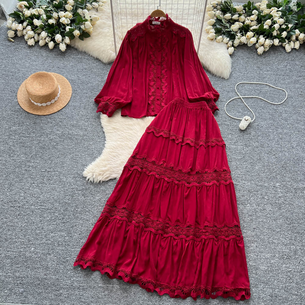 French court style two-piece set: women's high-end hollow-out lace patchwork lantern sleeve blouse and high-waisted flared midi skirt