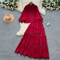 French court style two-piece set: women's high-end hollow-out lace patchwork lantern sleeve blouse and high-waisted flared midi skirt