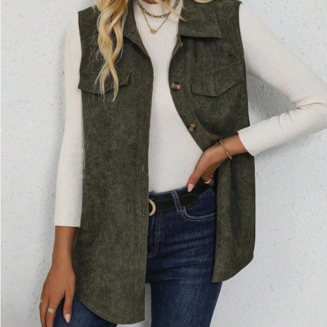 Women's flap detail button-front corduroy vest jacket - european & american style