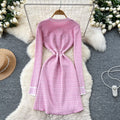 Xiaoxiangfengclassyfashionablecontrast color round neck long sleeves waist knittingdress women's slimming lookelegant a-line skirt women