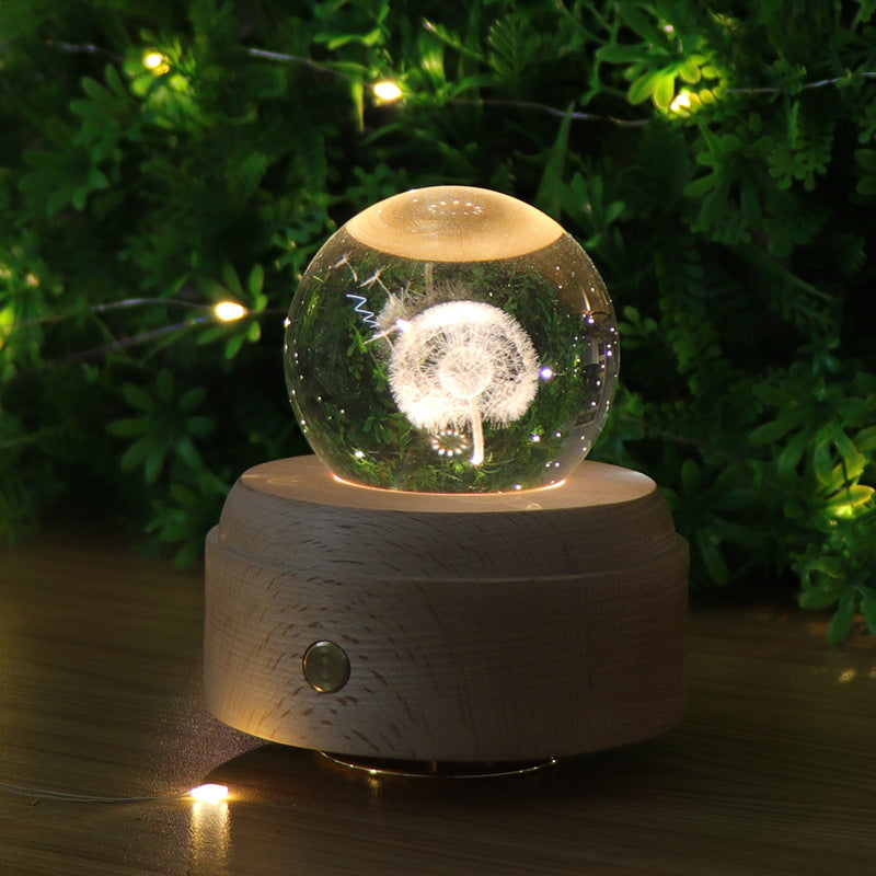 Touch dimming charging night light 3D crystal ball ambient light rotating music box bedroom ornament
