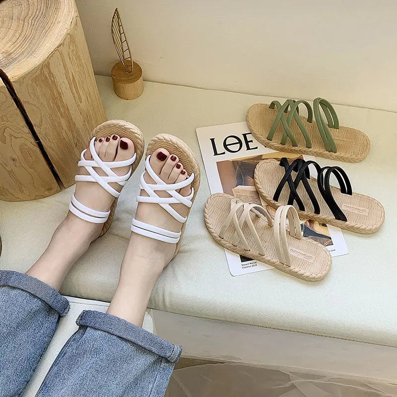 Women's slippers for outdoor wear, 2024 summer new korean style, trendy roman fairy flat sandals, student-style one-strap slides