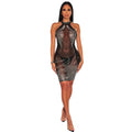 C6703 cross-border   fashion women's solid color mesh rhinestone halter mini dress