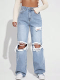 Fashion cross-border hot girl style big hole wide leg jeans women's light blue washed loosestraight-legmoppants