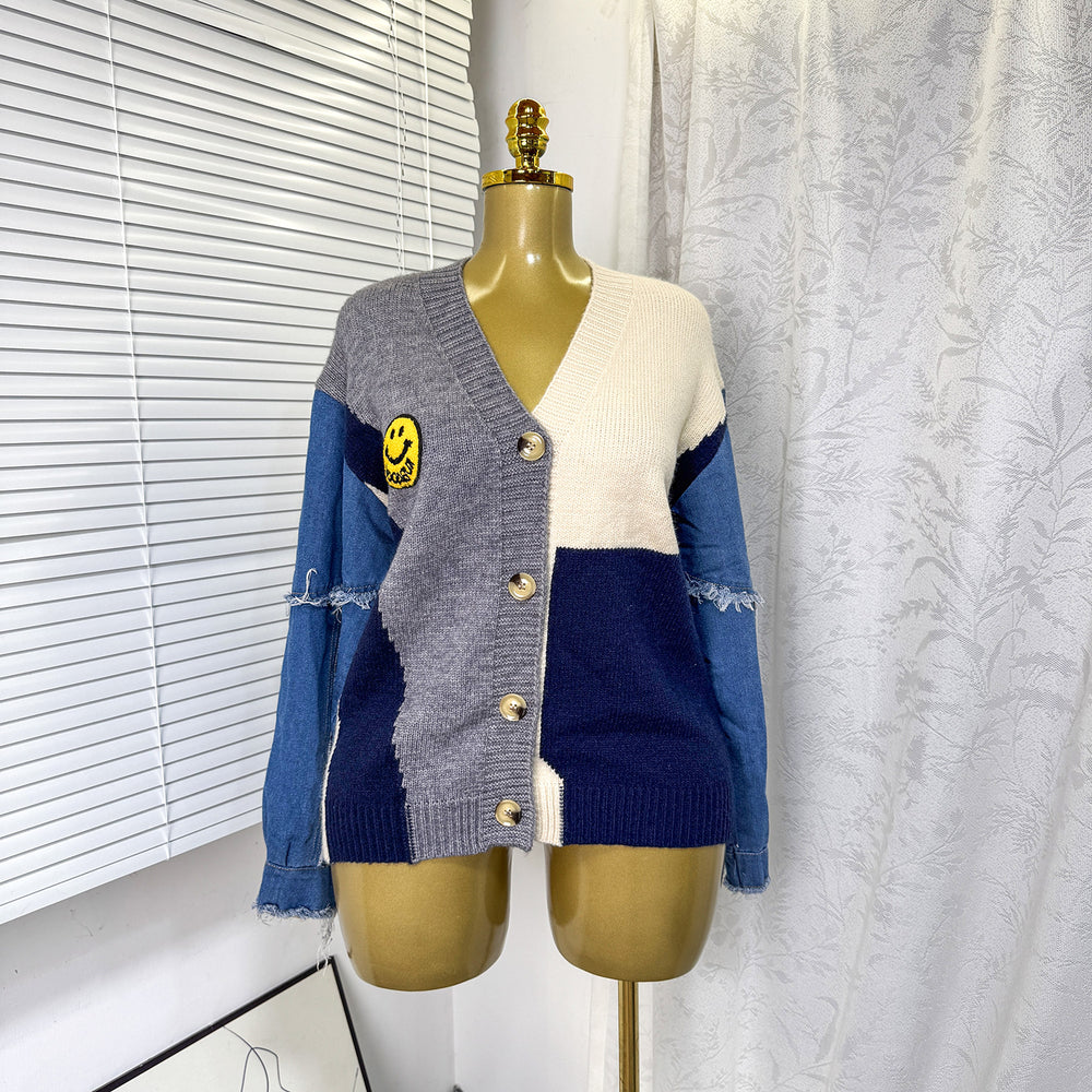 women's fall/winter cardigan sweater: color block denim sleeve, loose fit, fashionable single-breasted, versatile outerwear