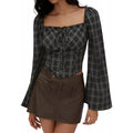European and american retro plaid long sleeve square neck tie-front fashionable cropped shirt -  spring new arrival - elegant top