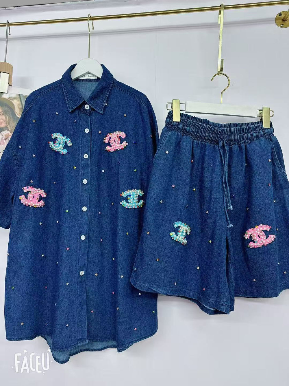 new european style heavy-duty denim set for women: designer cardigan and shorts, unique, fashionable, and relaxed fit two-piece outfit