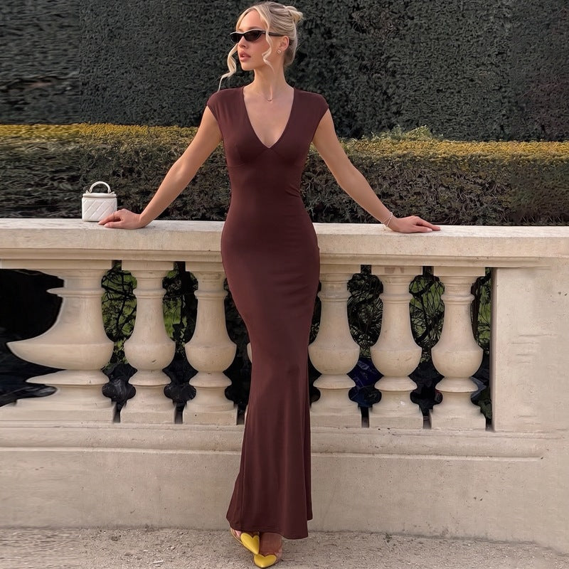 European and american style women's summer  new arrivals: fashionable solid color sleeveless v-neck bodycon mini dress - wholesale