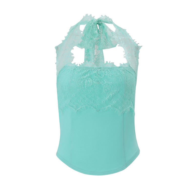 European and american style women's summer  new slim-fit lace patchwork backless asymmetrical halter neck inner layer vest top