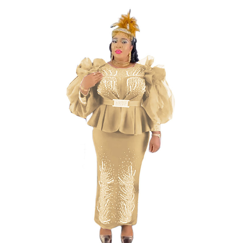 women's clothing african style gridsilm hot diamond puff sleeves long sleevesilmfake two-piecedress long skirt