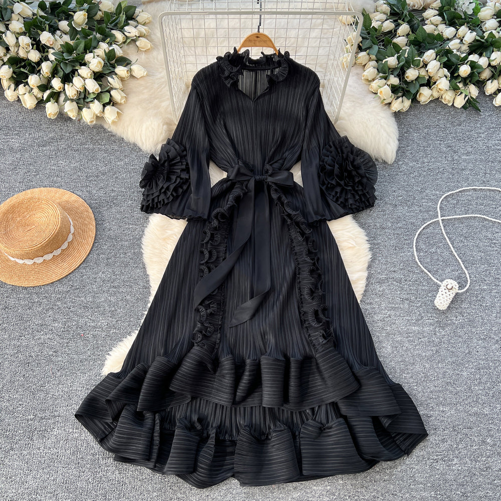 Miya european and american style dress - women's spring collection - high-end, 3d floral design, tie-waist, ruffle hem, pleated maxi dress