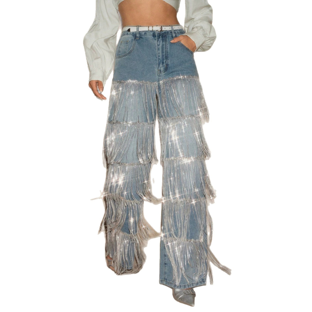 European and american style women's multi-layer silver rhinestone tassel embellished light blue washed high-waisted wide-leg mop-length denim pants