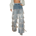 European and american style women's multi-layer silver rhinestone tassel embellished light blue washed high-waisted wide-leg mop-length denim pants