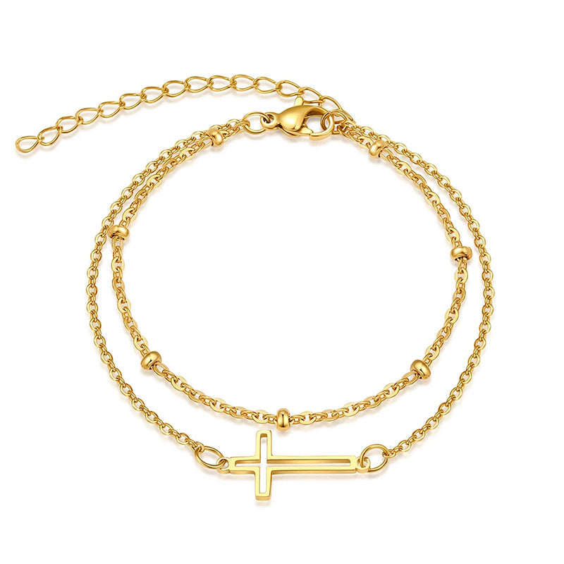 exquisite fashion stainless steel cut out cross double chain bracelet fashioncasualeleganteasiest for match bracelet