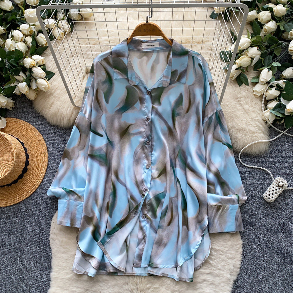 French chic print blouse - women's long sleeve, relaxed fit, open front cardigan - versatile & slimming top for work & casual wear - autumn  collection - effortless style