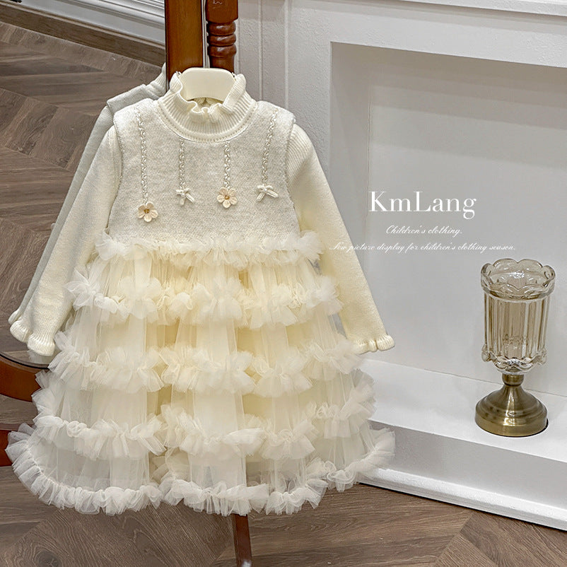 【custom wholesale】girls' dress  winter formal dress stylish girl's fleece-lined vest dress mesh tutu skirt