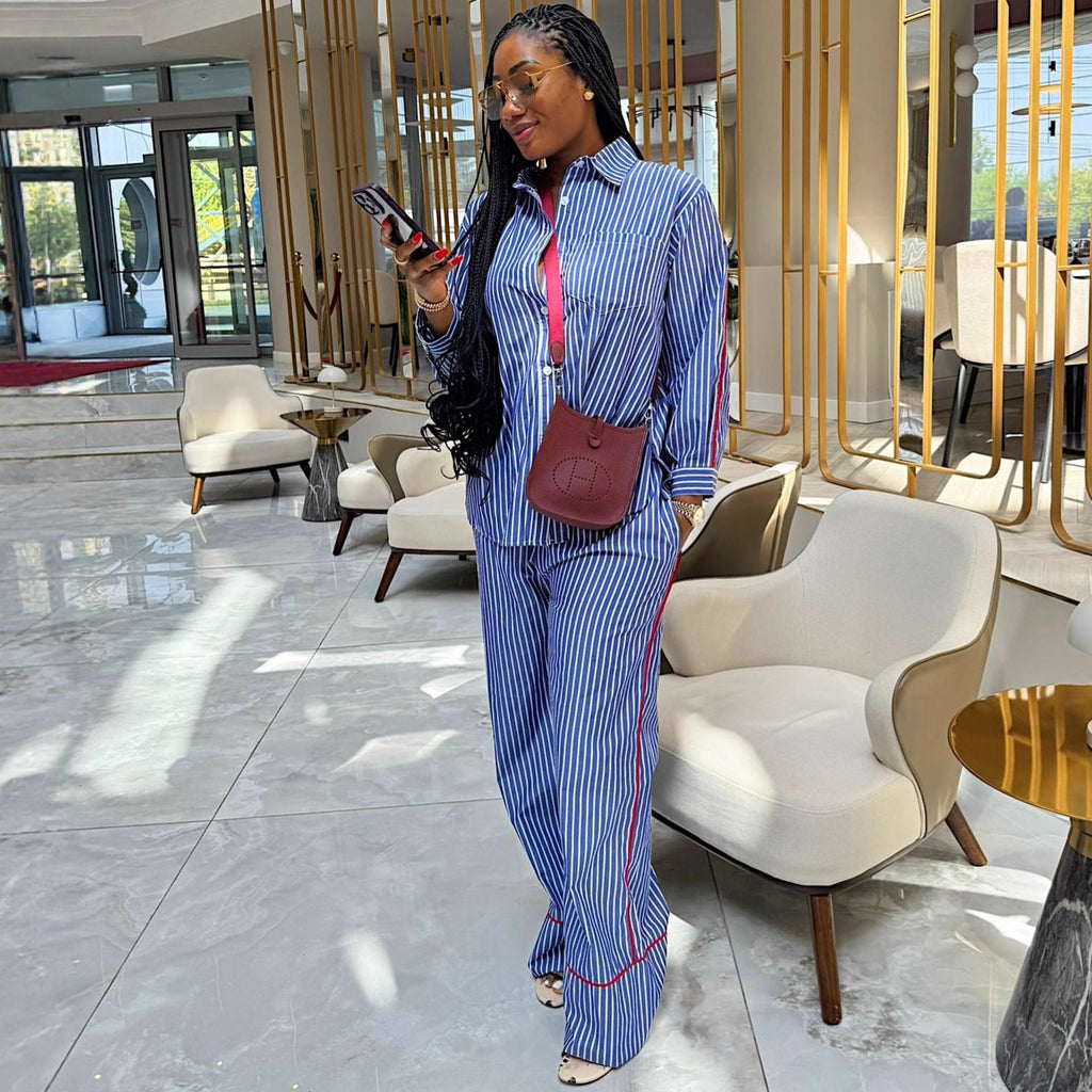 European and American large-size women's lapel collar long-sleeved cardigan striped shirt women's African foreign casual trousers new two-piece set