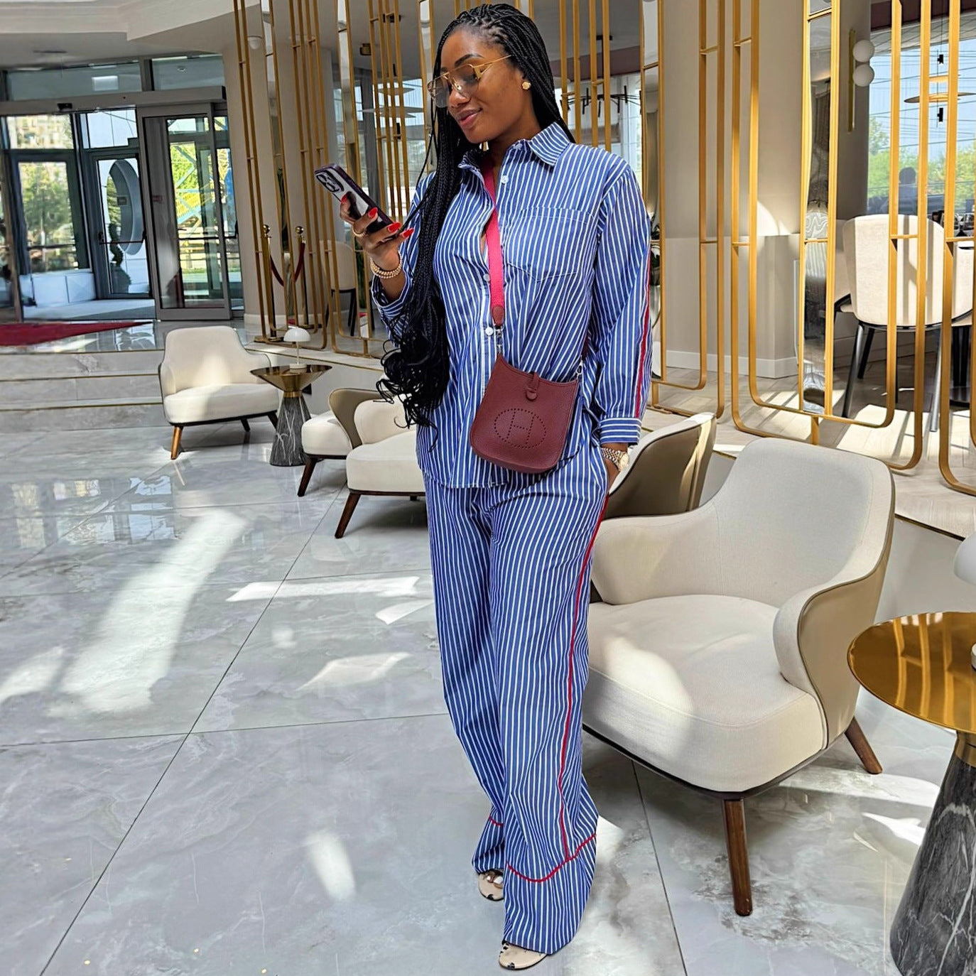 European and American large-size women's lapel collar long-sleeved cardigan striped shirt women's African foreign casual trousers new two-piece set