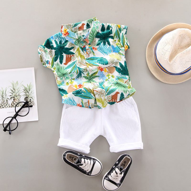 Korean style boys' summer outfit: floral shirt set for toddlers and young children - collared printed short-sleeve shirt + rolled-hem white shorts two-piece set