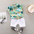 Korean style boys' summer outfit: floral shirt set for toddlers and young children - collared printed short-sleeve shirt + rolled-hem white shorts two-piece set