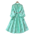 French retro court style heavy embroidered hollow-out round neck single-breasted lantern sleeve tie-waist elegant dress