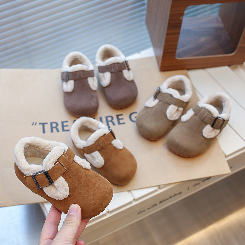 Children's cotton shoes 2024 winter new girls fluffy shoes soft sole non-slip baby velvet cotton shoes boys Birkenstocks