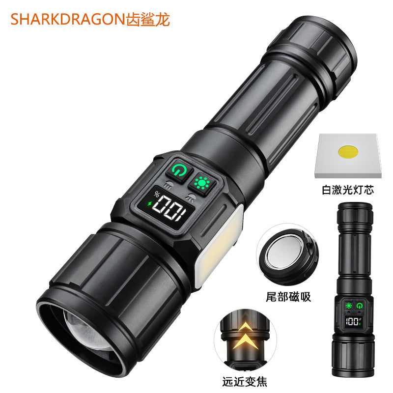 Cross-border white laser + COB strong light flashlight USB charging outdoor zoom smart screen display magnetic LED flashlight