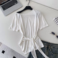 K-stylesense of design oblique shoulder tie backtight waist short-sleeved t-shirt women's new arrival waist slimming lookeleganttops