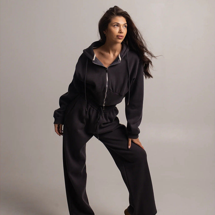 Cross-border European and American women's fashion sports suit solid color long-sleeved zipper hooded cardigan sweater casual pants two-piece set