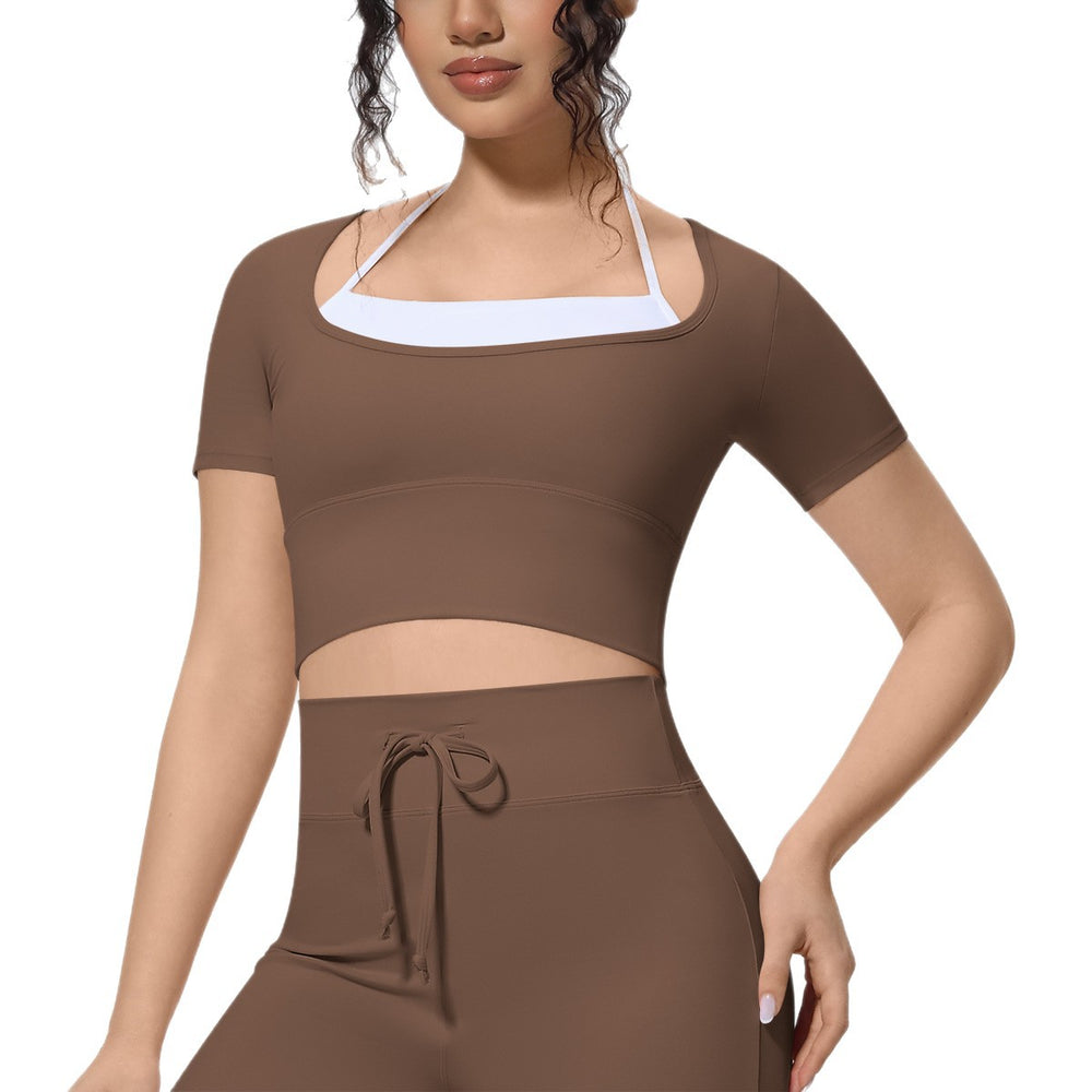 New arrival cross-border nude double-piece fake two-piece pure color short-sleeved t-shirt tops tight sports running fitness yoga clothes