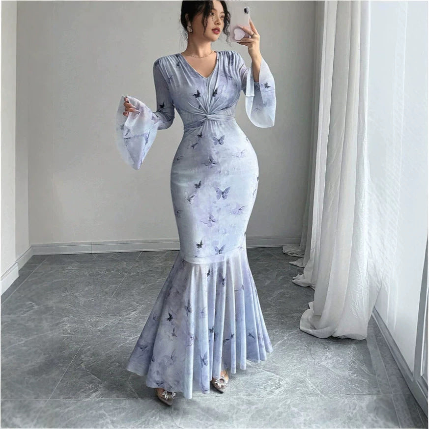 new chinese style one-shoulder long sleeve dress - women's autumn sexy slim-fit bodycon mermaid tail evening gown