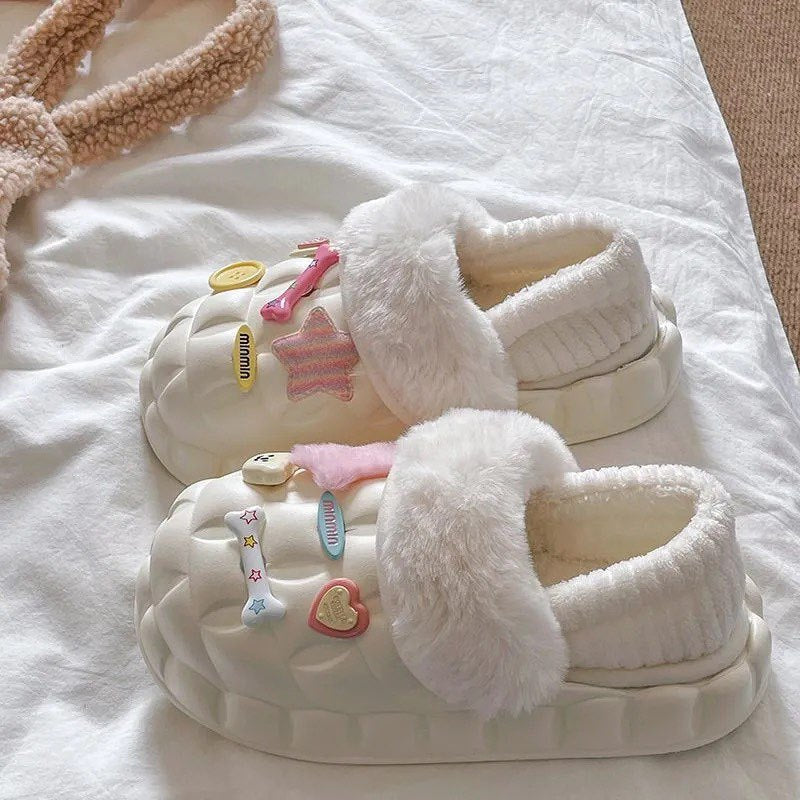 2025 cotton slippers - removable & washable, women's winter home & outdoor wear, thick sole, closed heel, fleece-lined, cartoon design, warm & cozy