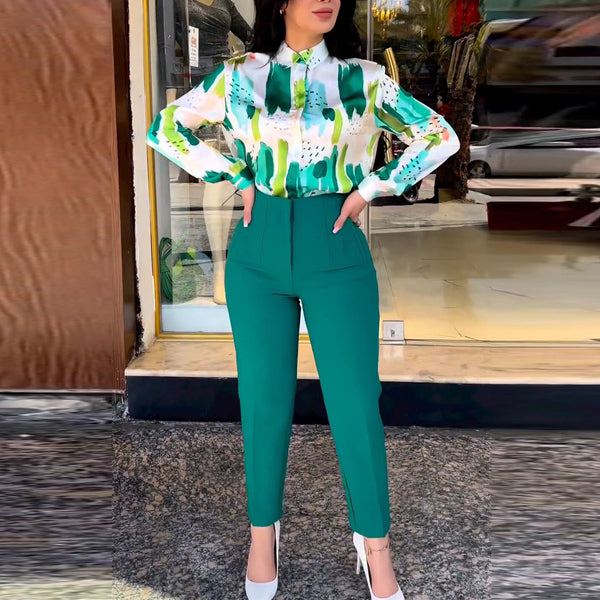 Spot 2025 new commuter  women's clothing summer temperament long-sleeved shirt high waist nine-point pants pants set