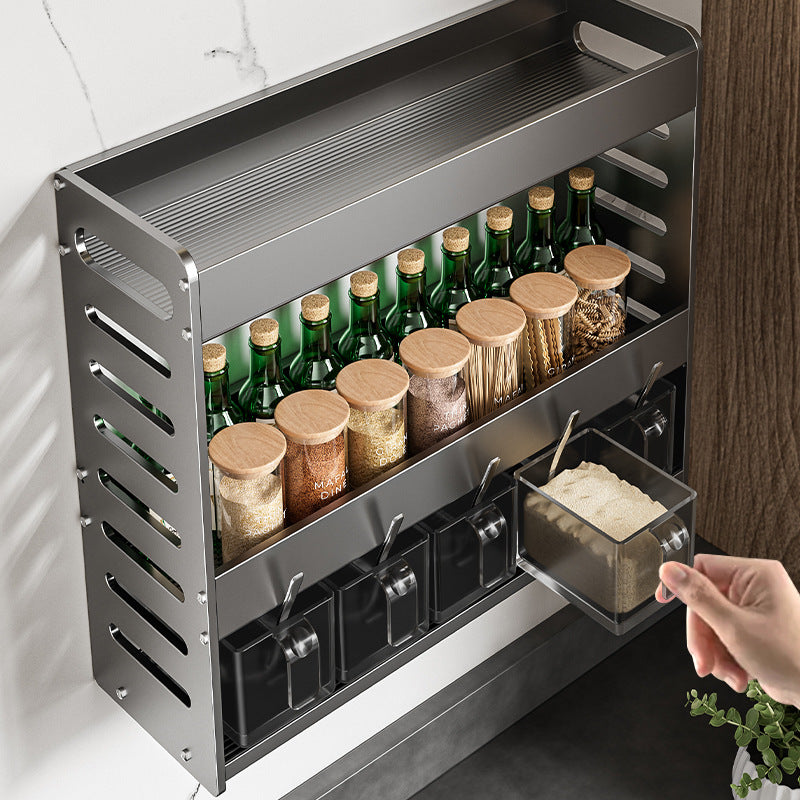Kitchen seasoning rack No punching Multi-layer countertop Wall-mounted seasoning Salt Seasoning Bottles and cans Storage box Shelf