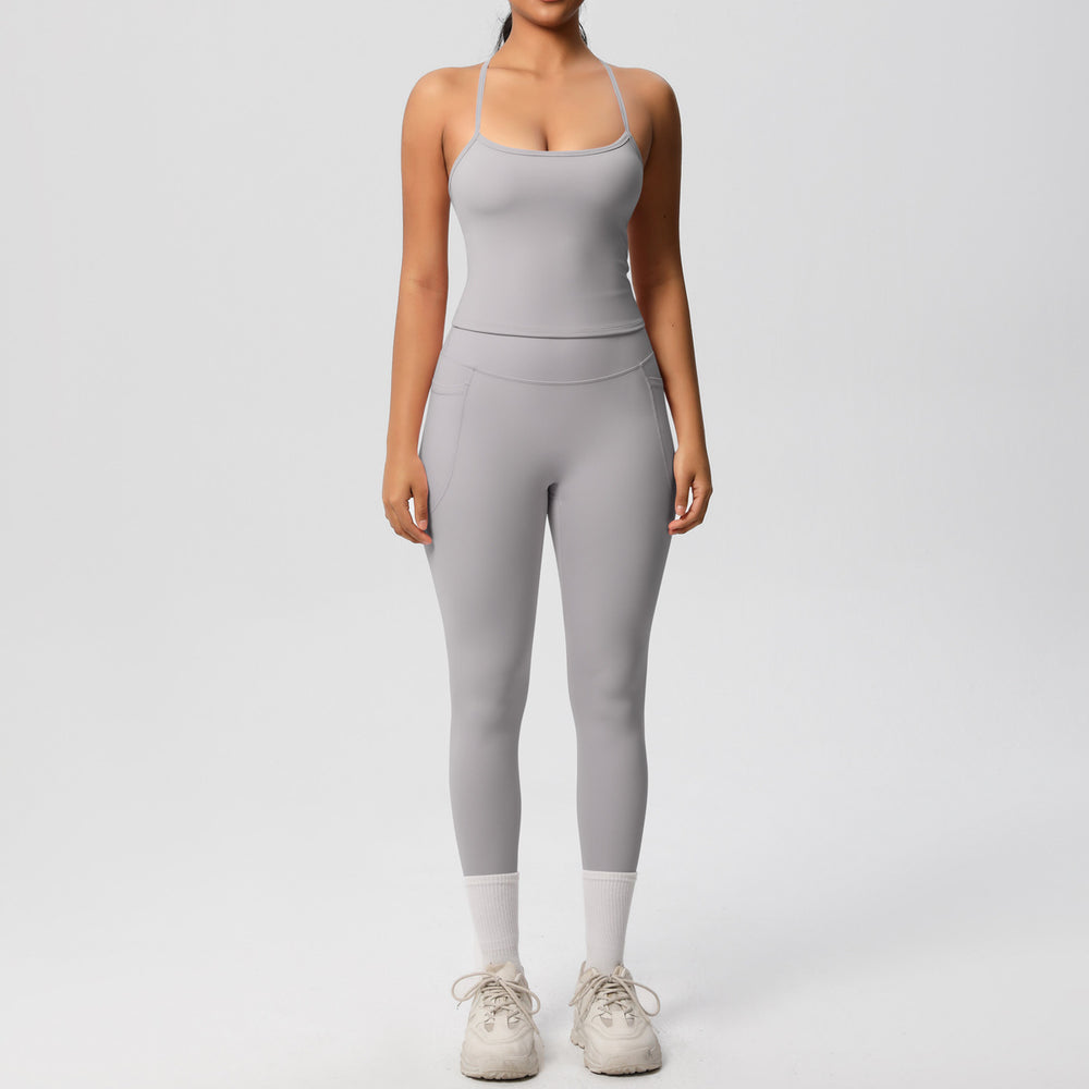 New arrivalpure color sling beautiful back yoga clothes hip pocket tights sports suit cloud-like quick-drying fitness clothes for women