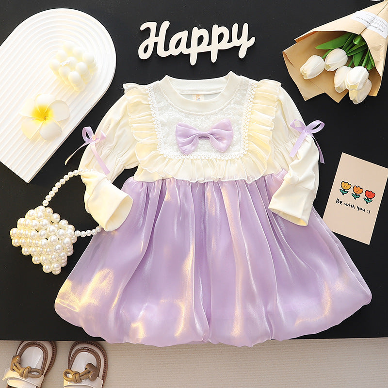 Girls' dress: sweet and stylish round neck floral lace bow patchwork long sleeve princess dress for toddlers and young children