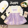 Girls' dress: sweet and stylish round neck floral lace bow patchwork long sleeve princess dress for toddlers and young children