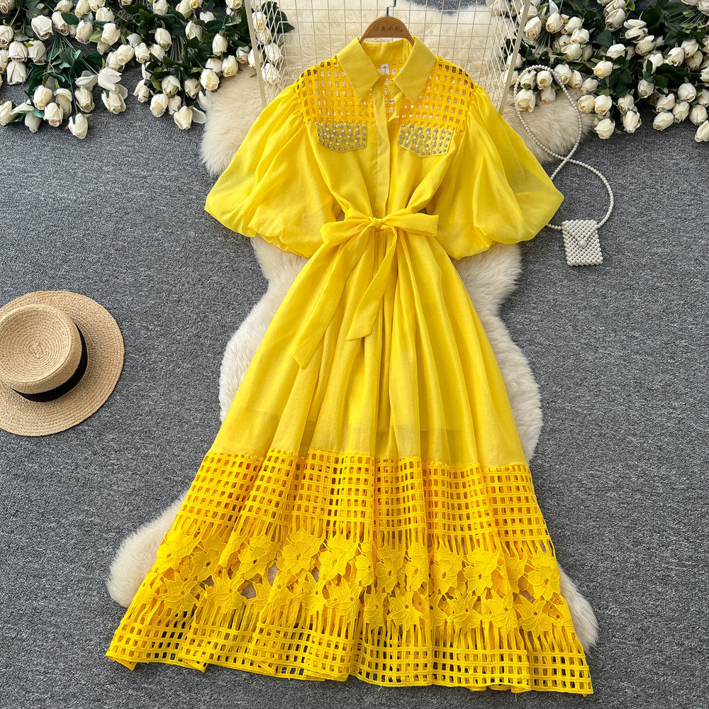 new yellow hollow-out lace-up short sleeve dress - women's summer korean style french chic elegant a-line dress