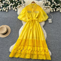new yellow hollow-out lace-up short sleeve dress - women's summer korean style french chic elegant a-line dress