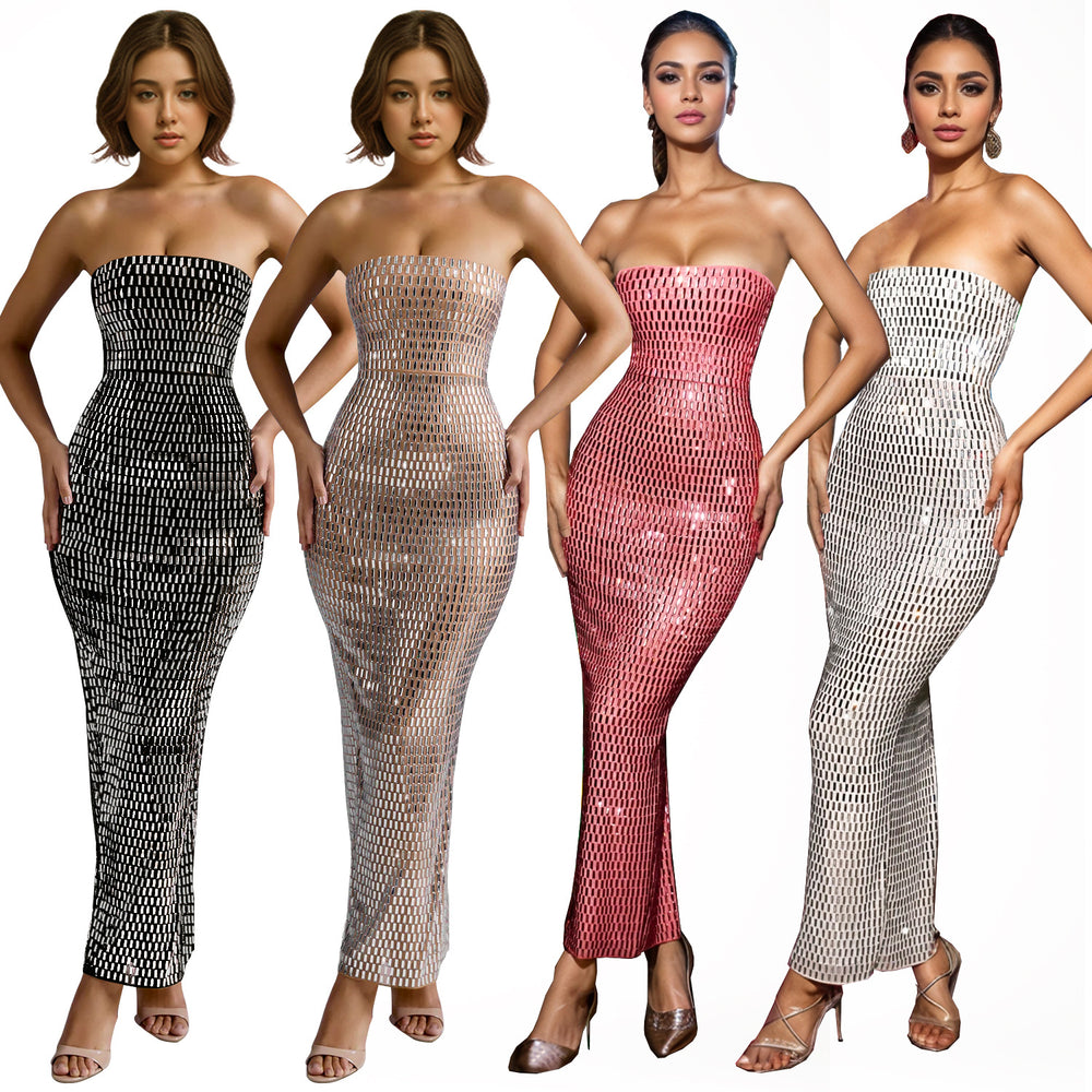 C6962 cross-border   independent station fashion women's solid color hot diamond sleeveless dress length