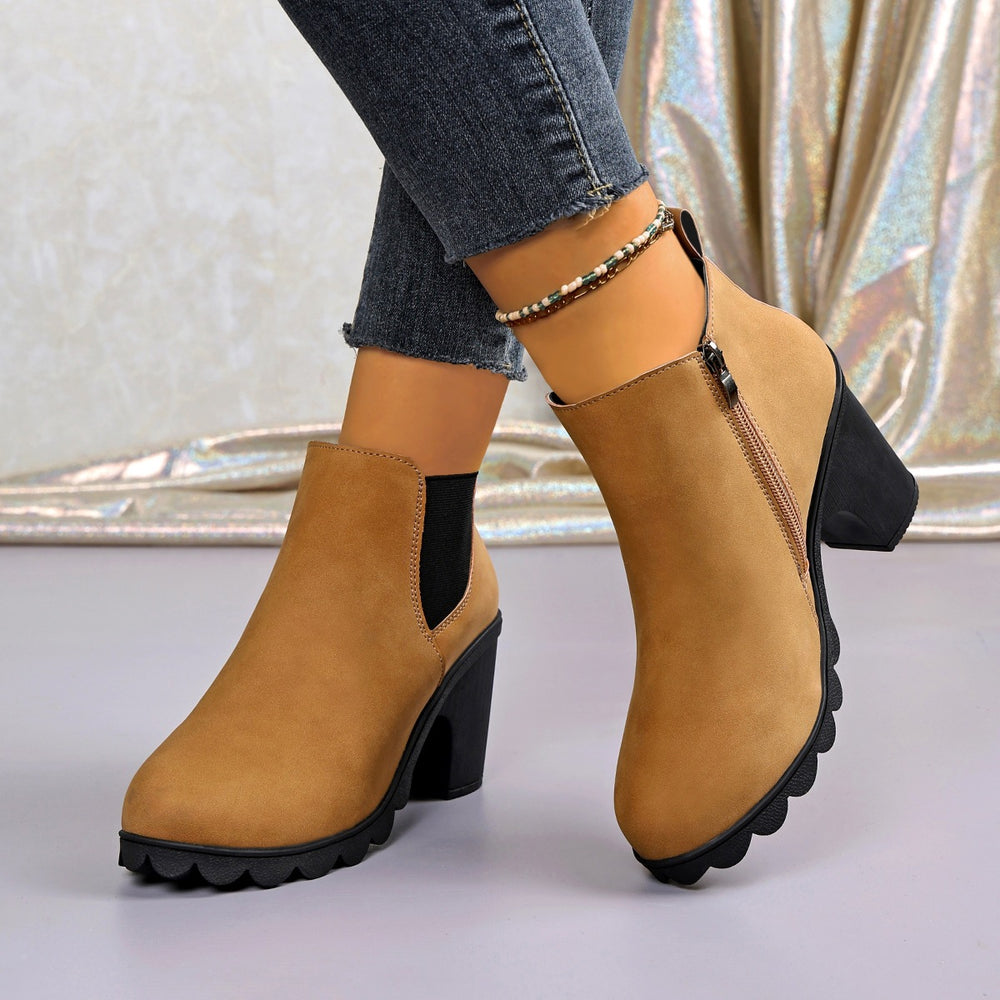 plus size thick high-heeled short boots for women  fall and winter new arrivalfashion round toe plaid elastic slip-on feet boots for women