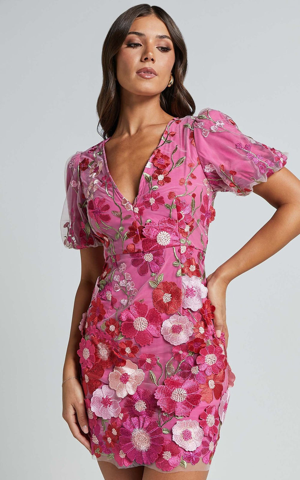 European and american cross-border  ins new arrival v-neck 3d floral bodycon lantern sleeve dress sexy embroidered evening gown
